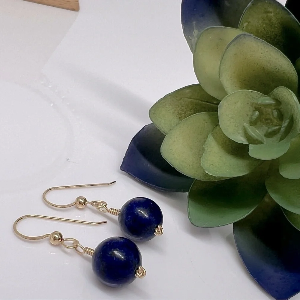 Artisan Blue Lapis Gold Wire Wrap Drop Earrings